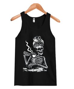 Coffee Drinking Skeleton Lazy DIY Halloween Costume Women Tank Top