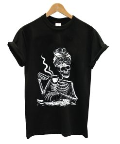 Coffee Drinking Skeleton Lazy DIY Halloween Costume Women T-Shirt